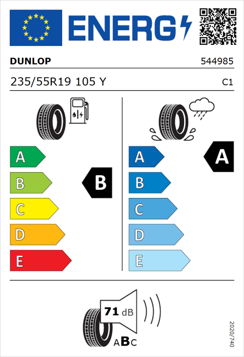 Tyre Label for Dunlop Sportmaxx RT 2 SUV 235/55R19 105Y
