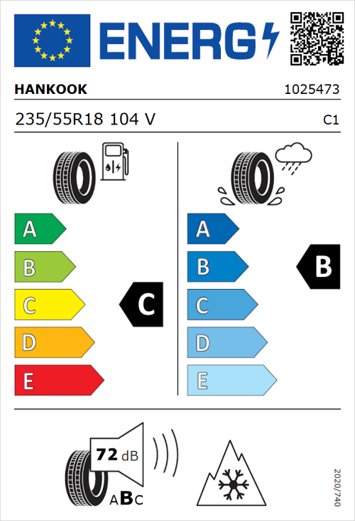 Tyre Label for Hankook Kinergy 4S 2 H750 235/55R18 104V